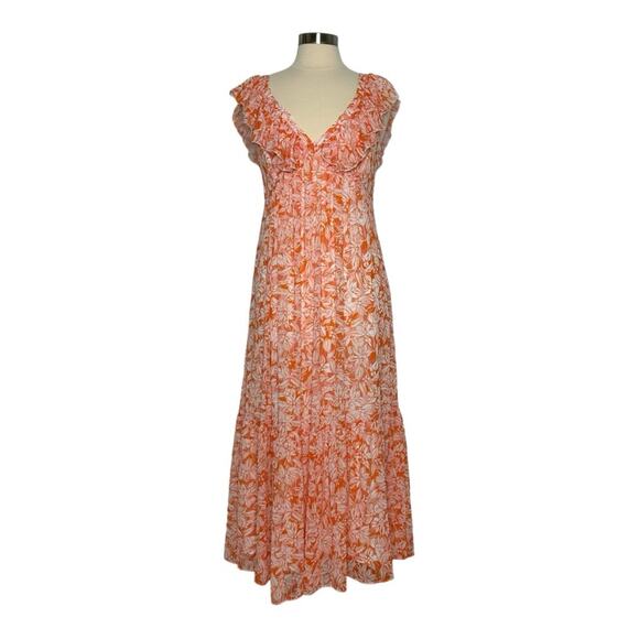 Lavender Brown Orange Multi Print Flutter Sleeve Maxi Dress Medium NWT - Picture 2 of 15